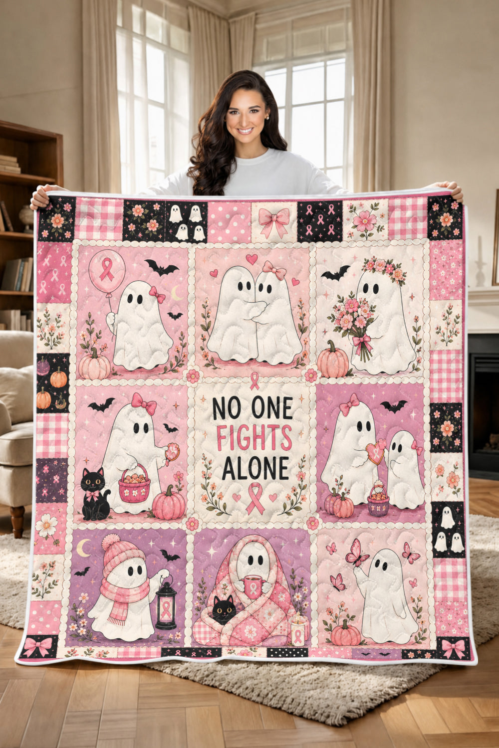 Ghost Halloween No One Fights Alone Quilt Blanket