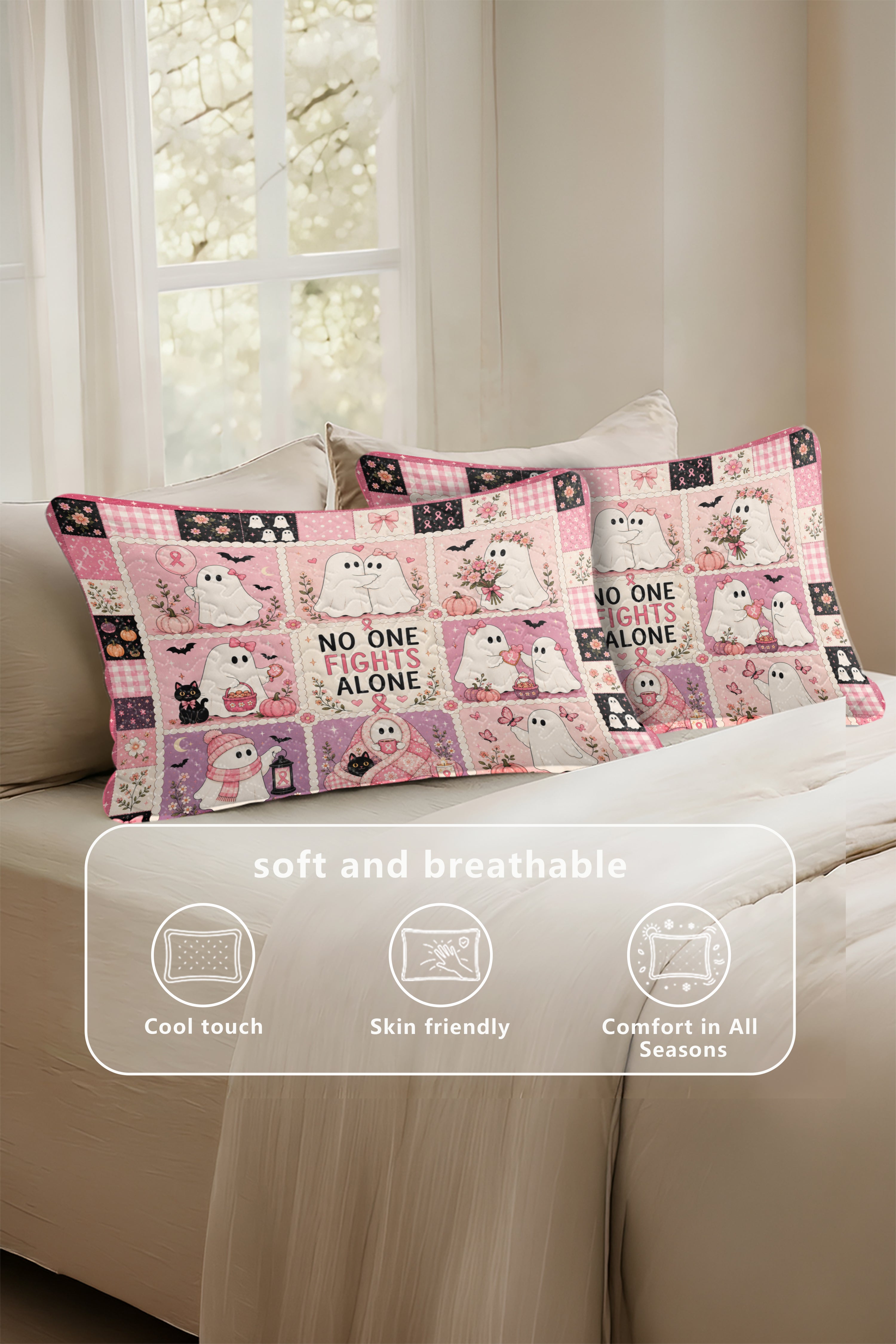 Ghost Halloween No One Fights Alone Quilt Pillows