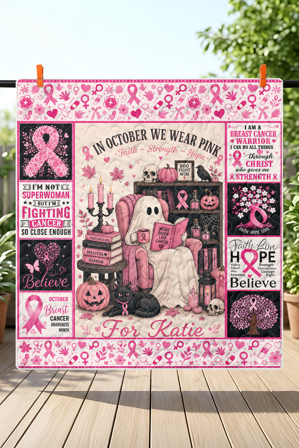 Ghost Reading In October We Wear Pink Quilt Blanket