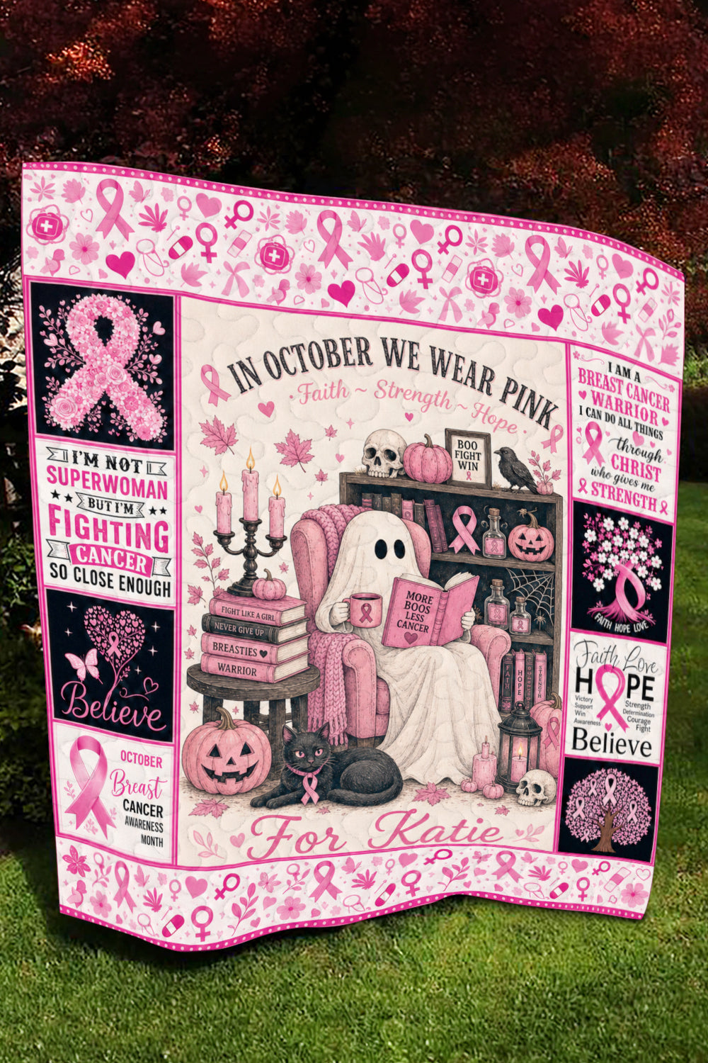 Ghost Reading In October We Wear Pink Quilt Blanket