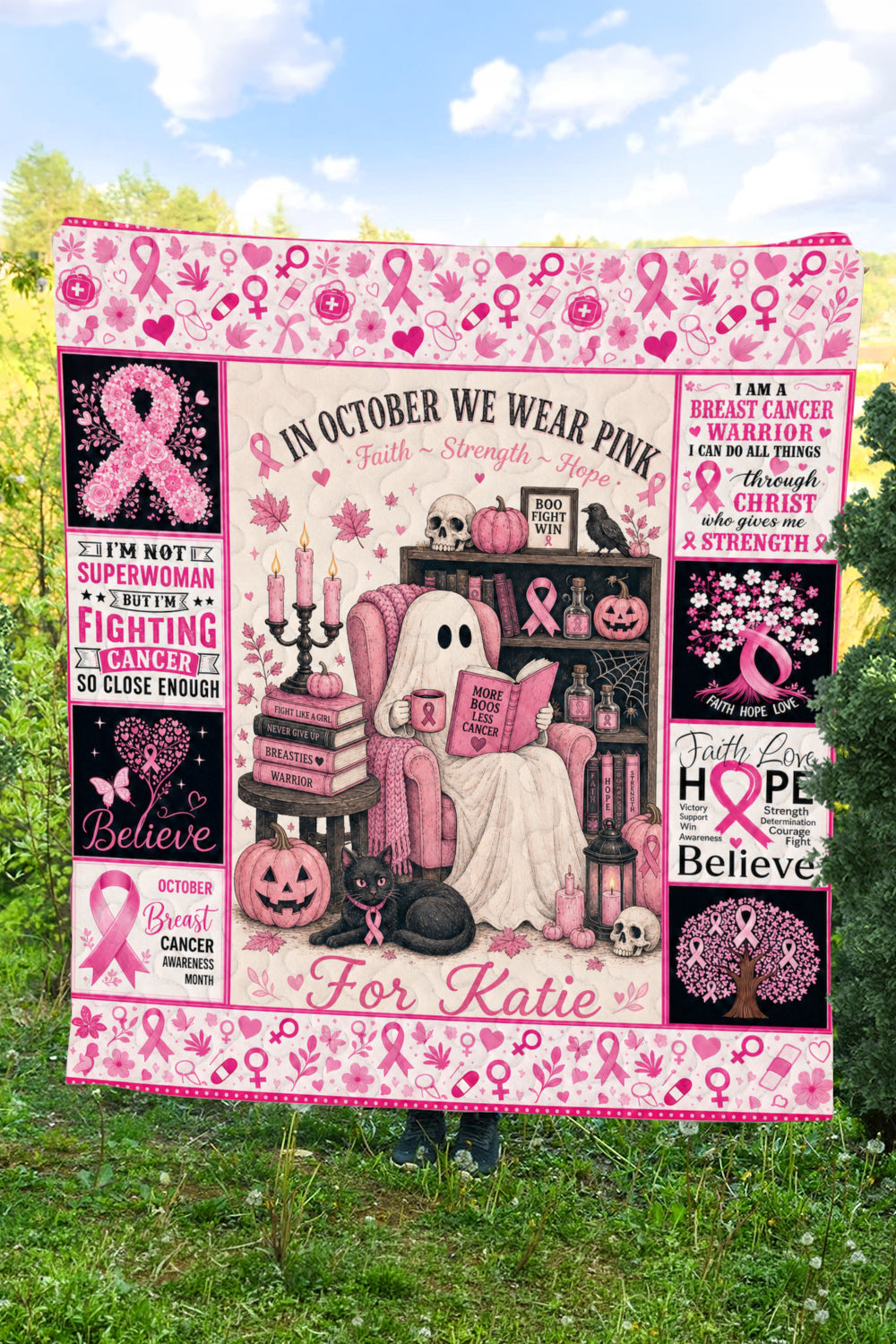 Ghost Reading In October We Wear Pink Quilt Blanket