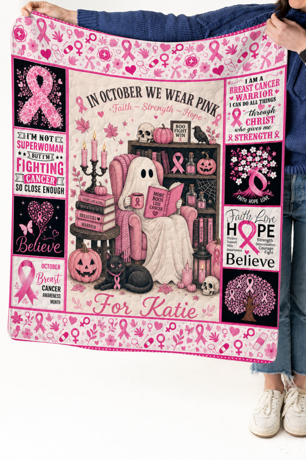 Ghost Reading In October We Wear Pink Quilt Blanket