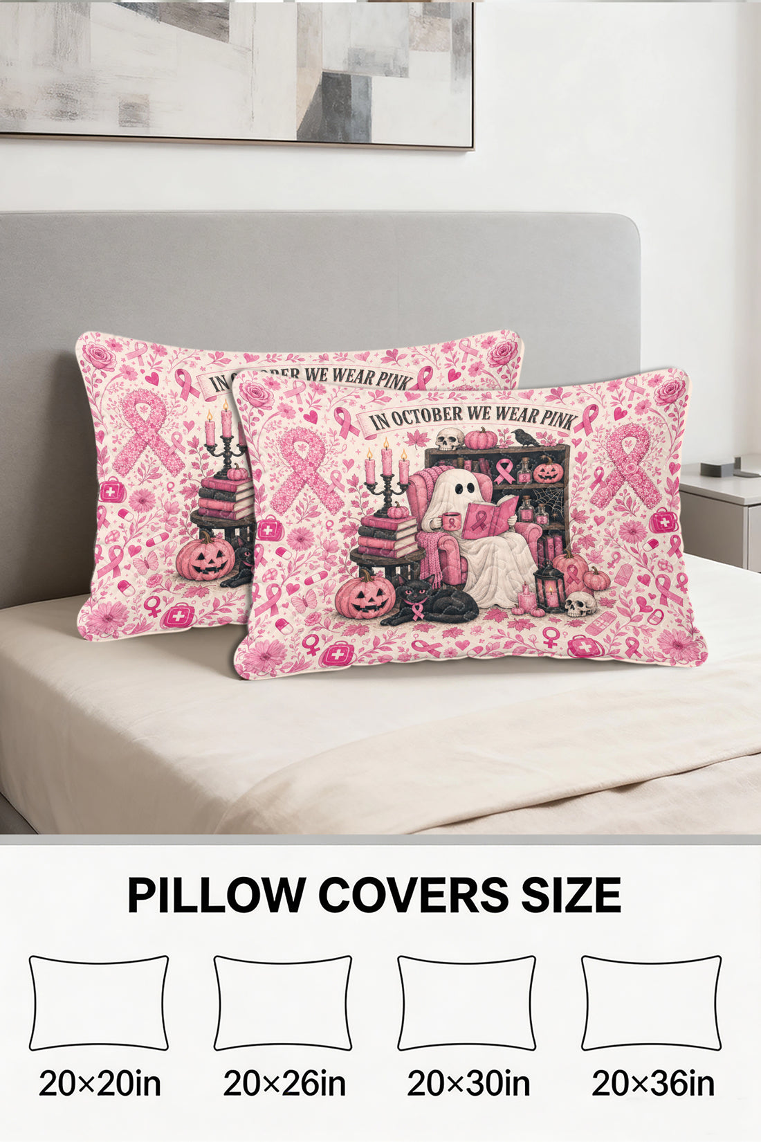 Ghost Reading In October We Wear Pink Quilt Pillows
