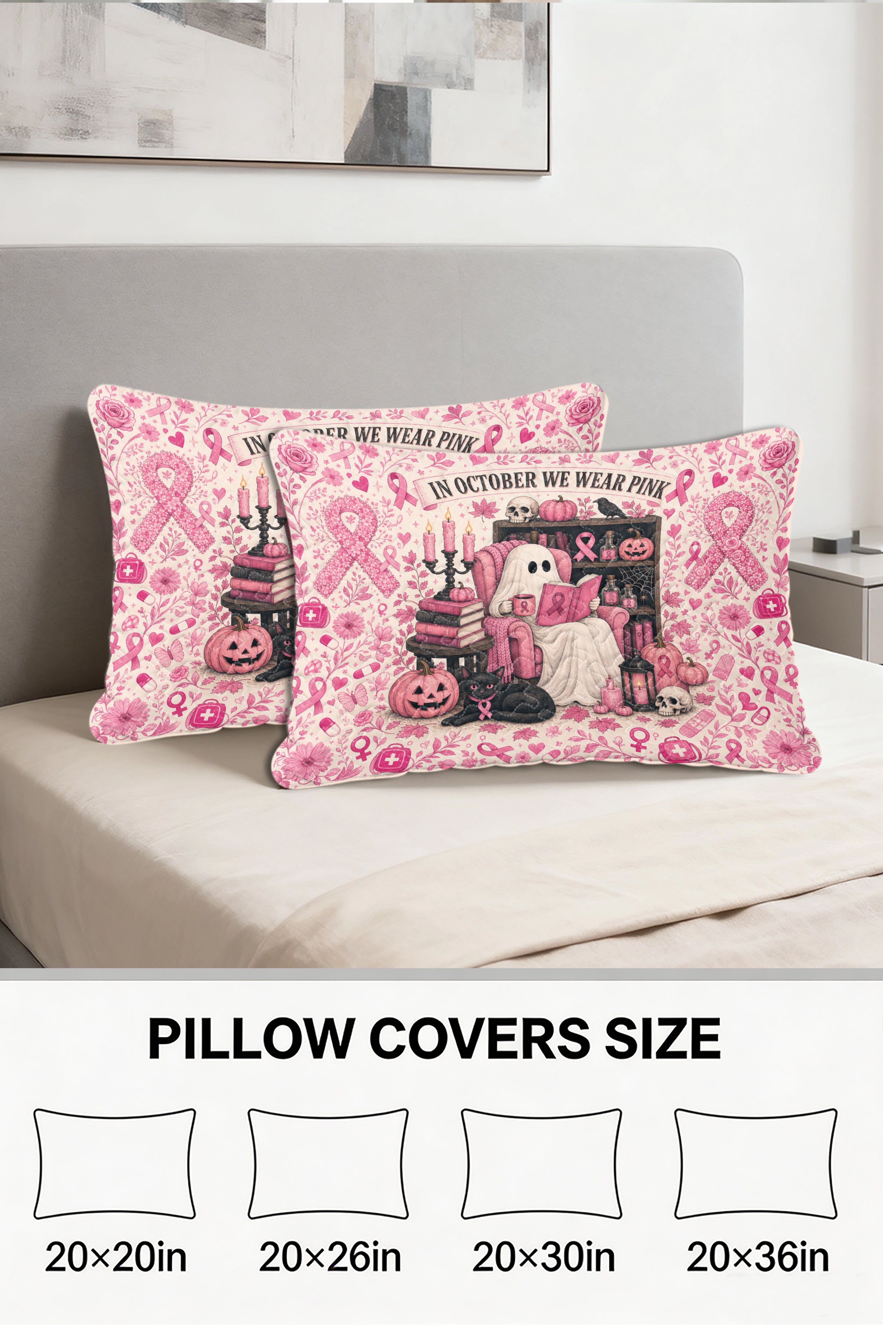 Ghost Reading In October We Wear Pink Quilt Pillows