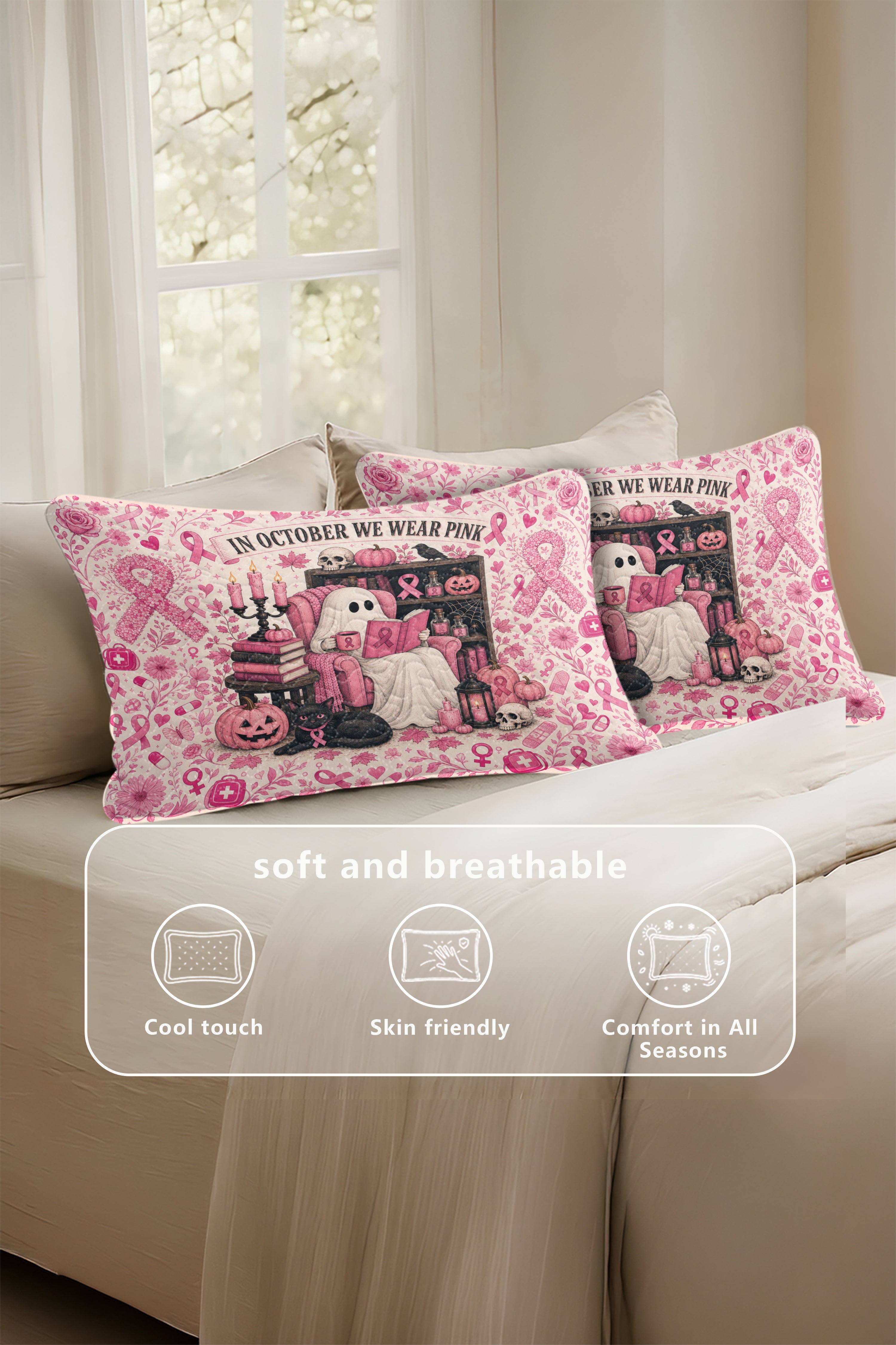Ghost Reading In October We Wear Pink Quilt Pillows