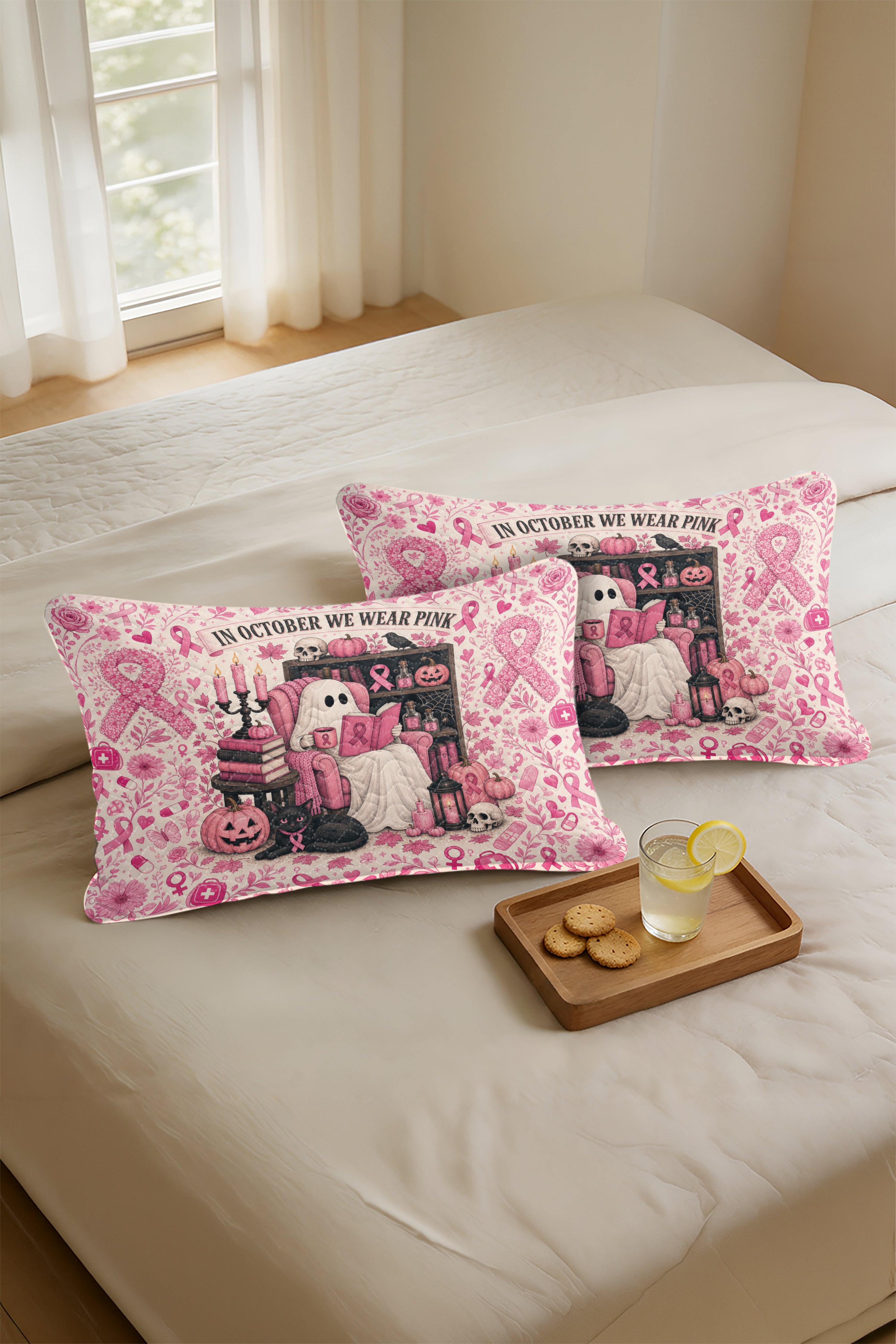 Ghost Reading In October We Wear Pink Quilt Pillows