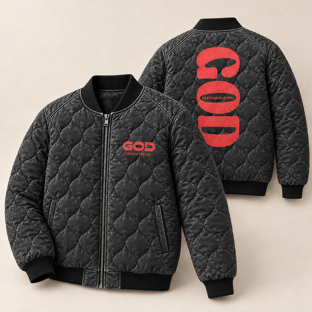 God Has A Plan For You Quilted Bomber Jacket – view 1