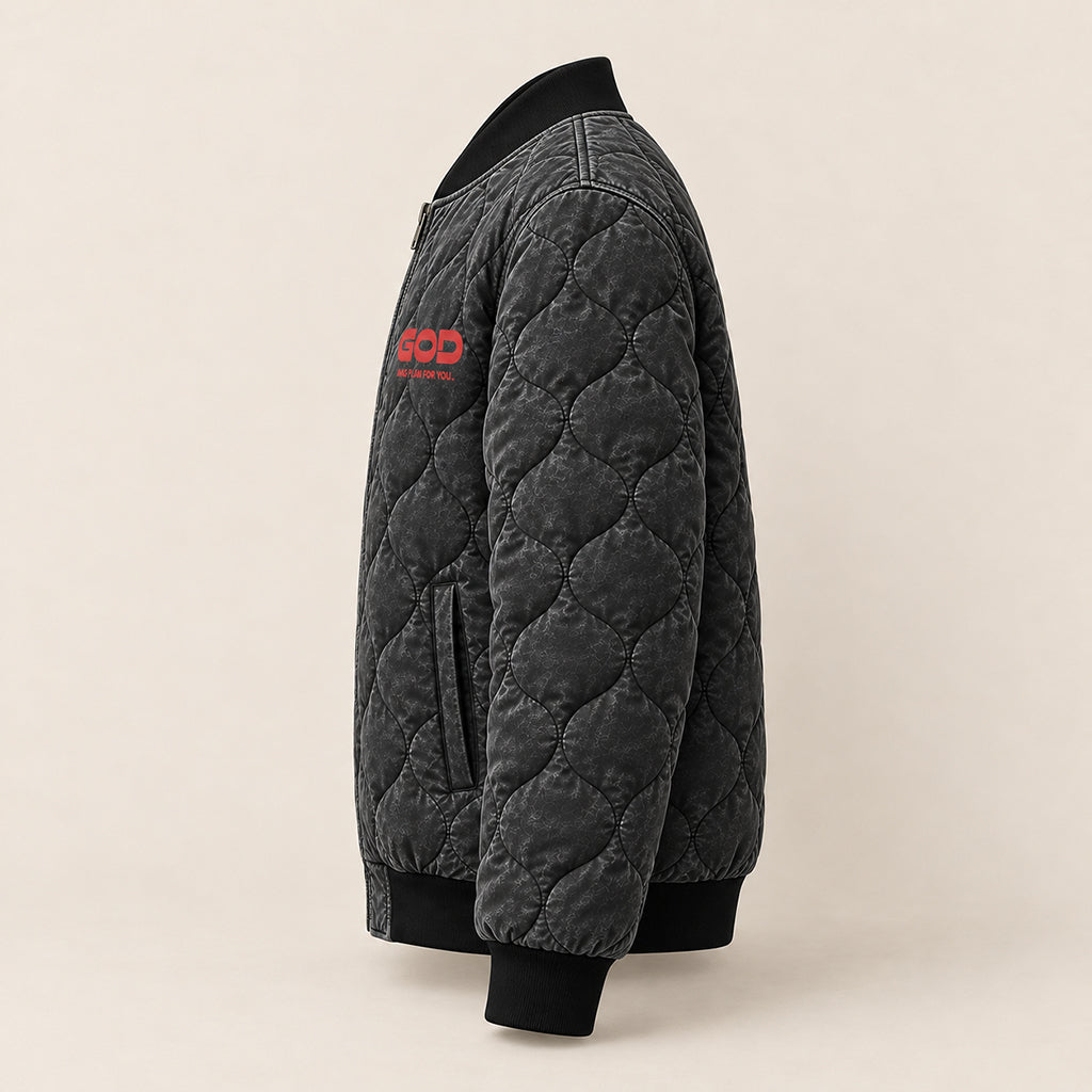 God Has A Plan For You Quilted Bomber Jacket