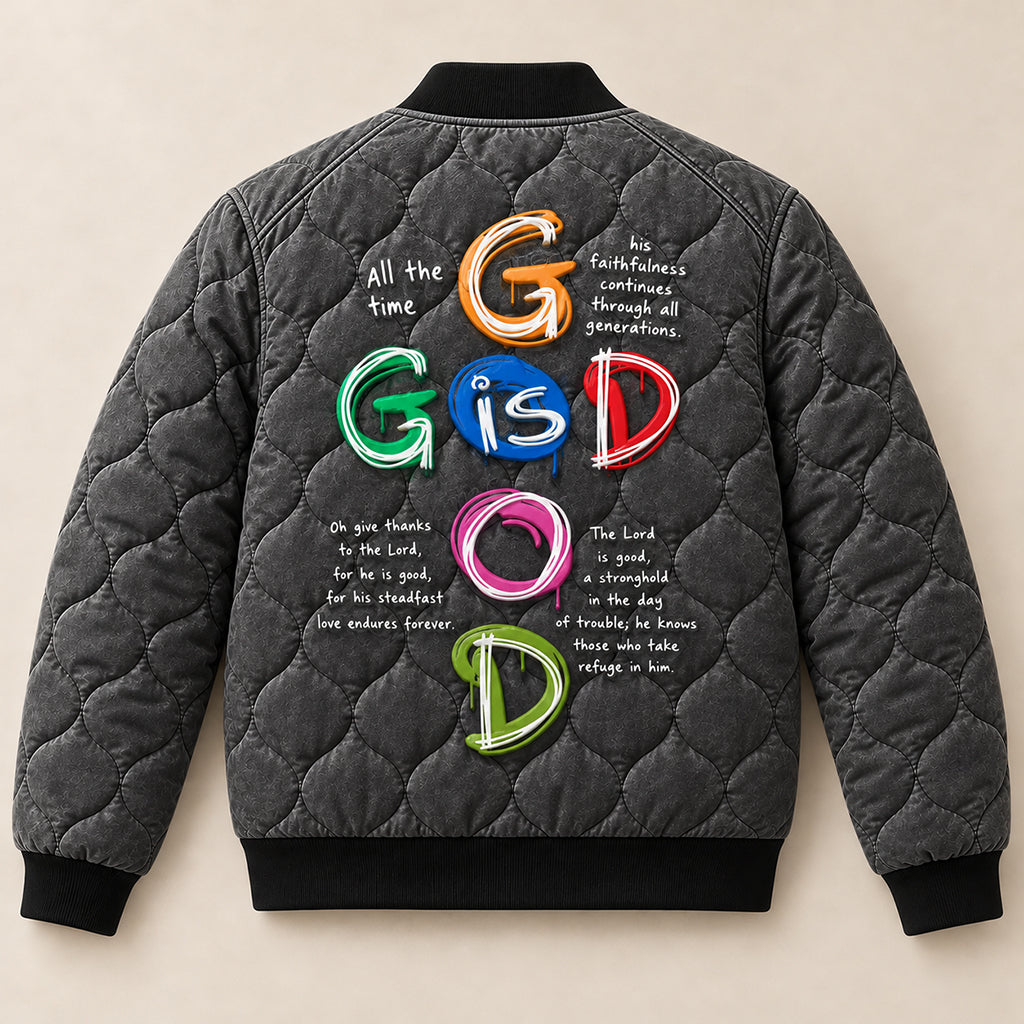 God Is Good Quilted Bomber Jacket