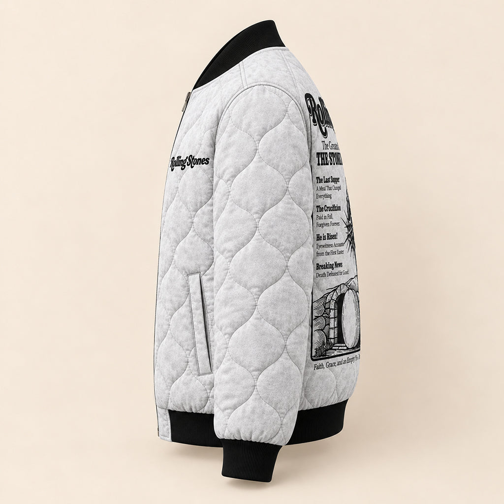 He Is Risen Empty Tomb Quilted Bomber Jacket