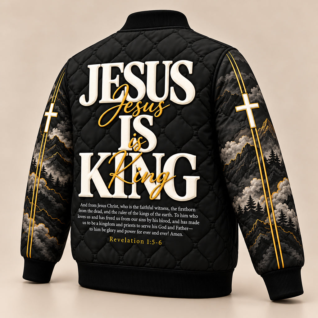 Jesus Is King Christian Quilted Bomber Jacket – view 3