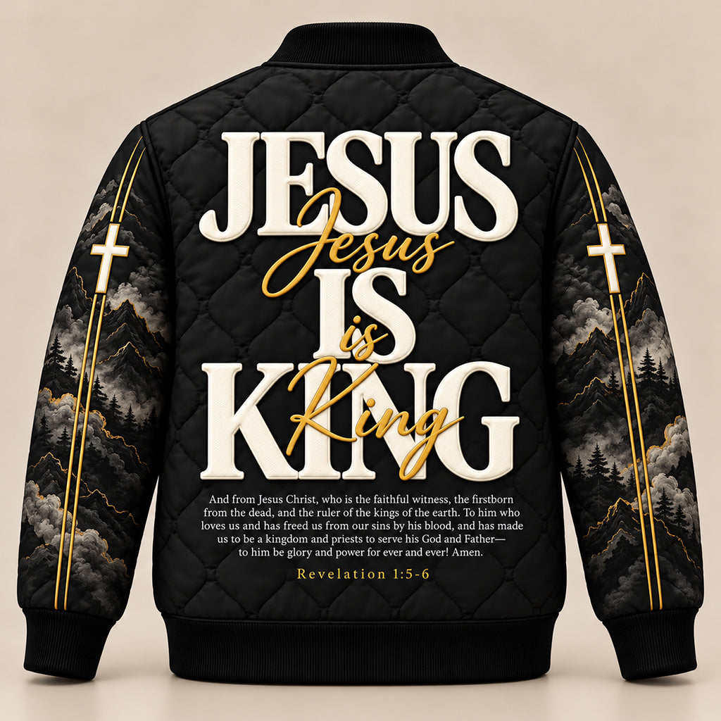 Jesus Is King Christian Quilted Bomber Jacket – view 1