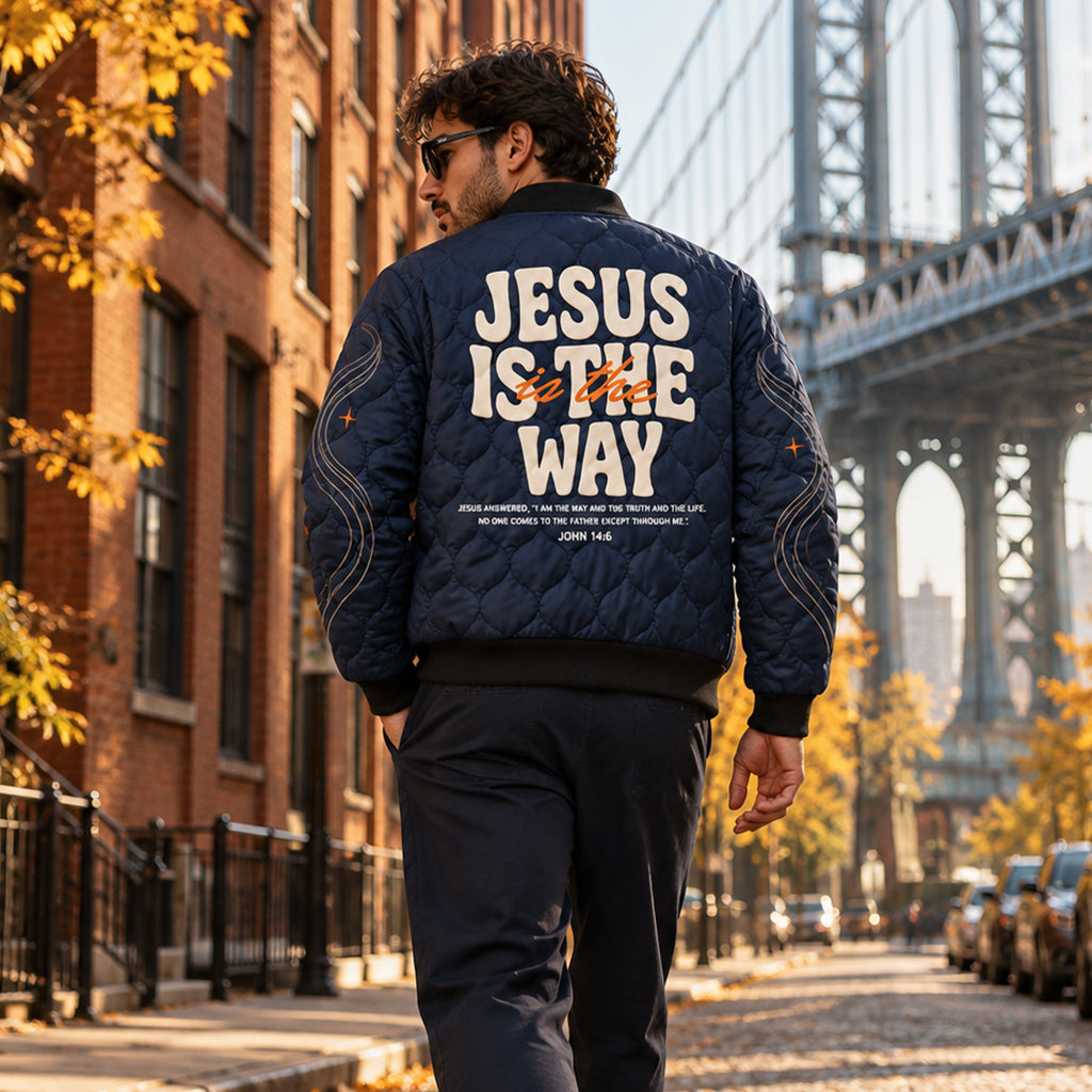 Jesus Is The Way Navy Quilted Bomber Jacket – view 1