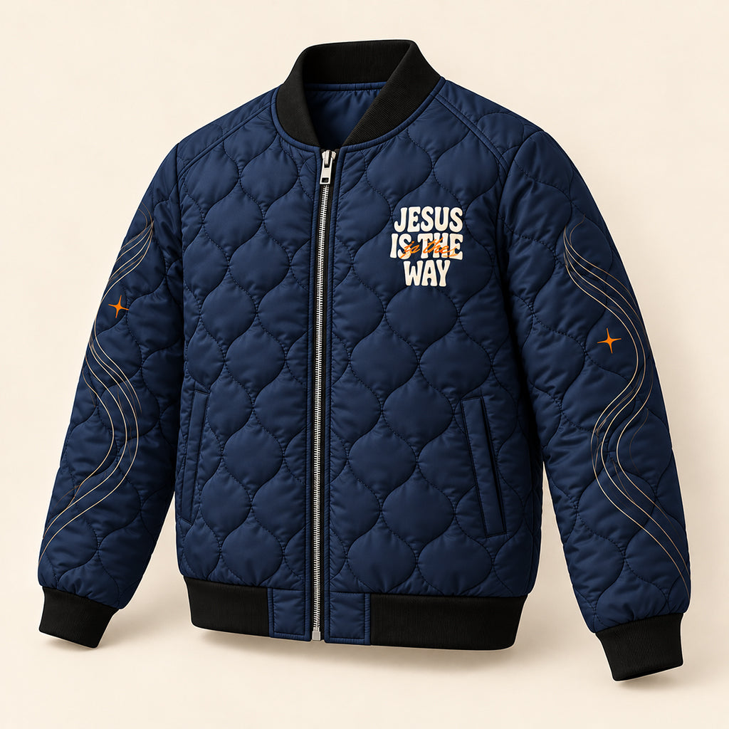 Jesus Is The Way Navy Quilted Bomber Jacket