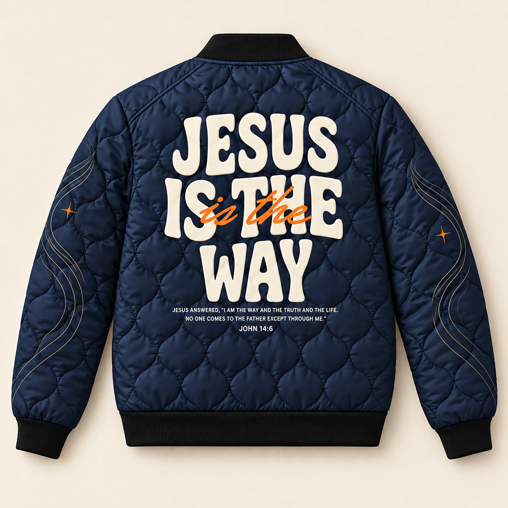 Jesus Is The Way Navy Quilted Bomber Jacket