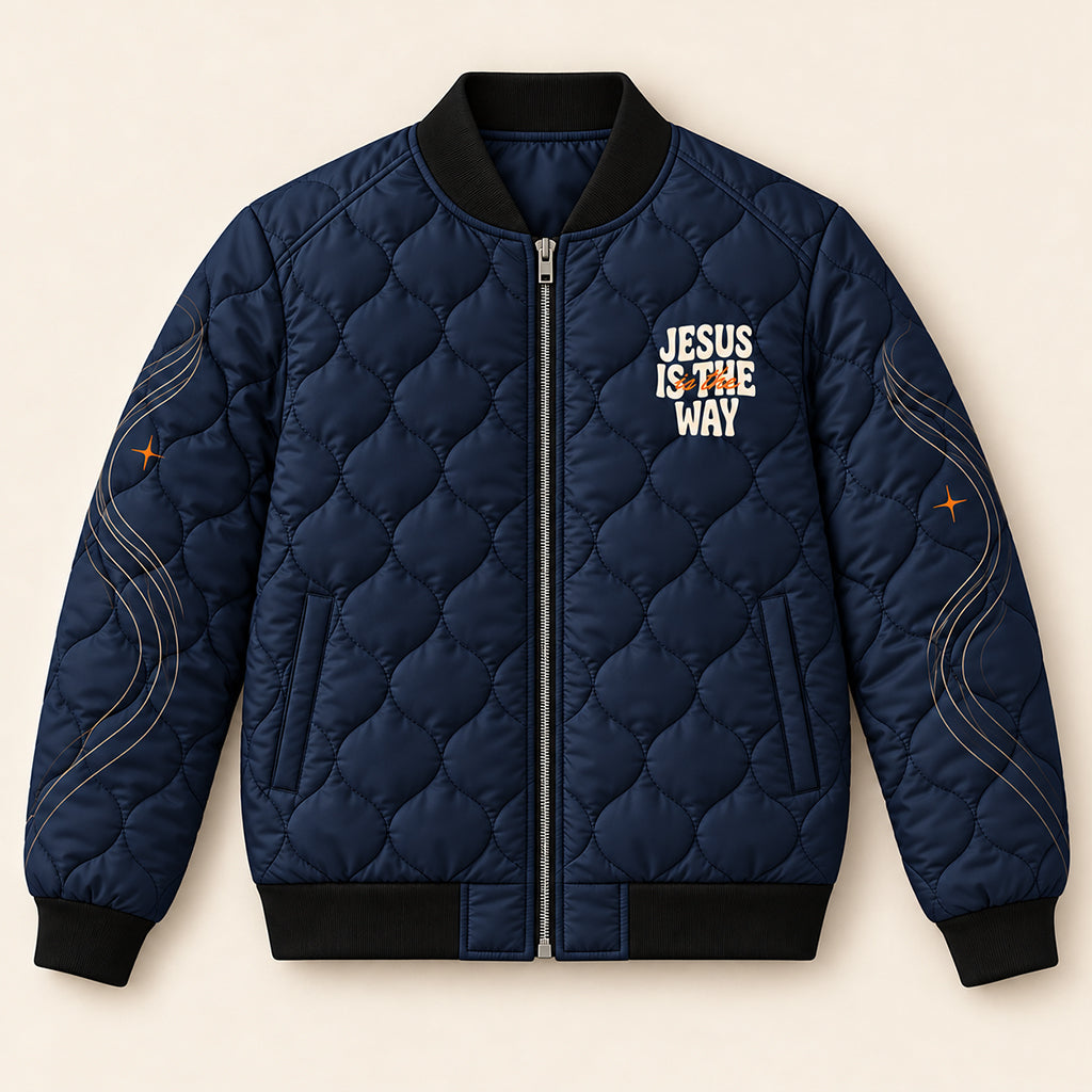 Jesus Is The Way Navy Quilted Bomber Jacket