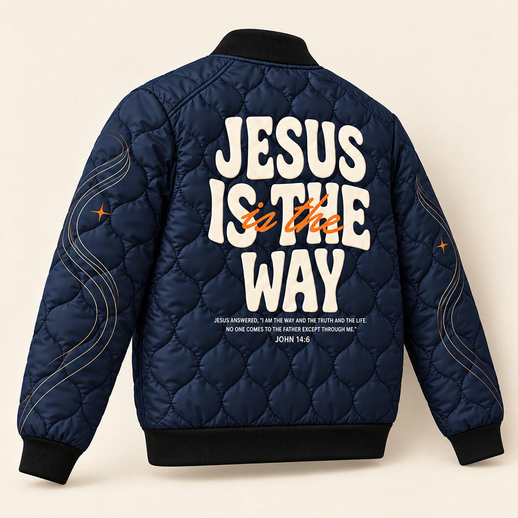 Jesus Is The Way Navy Quilted Bomber Jacket