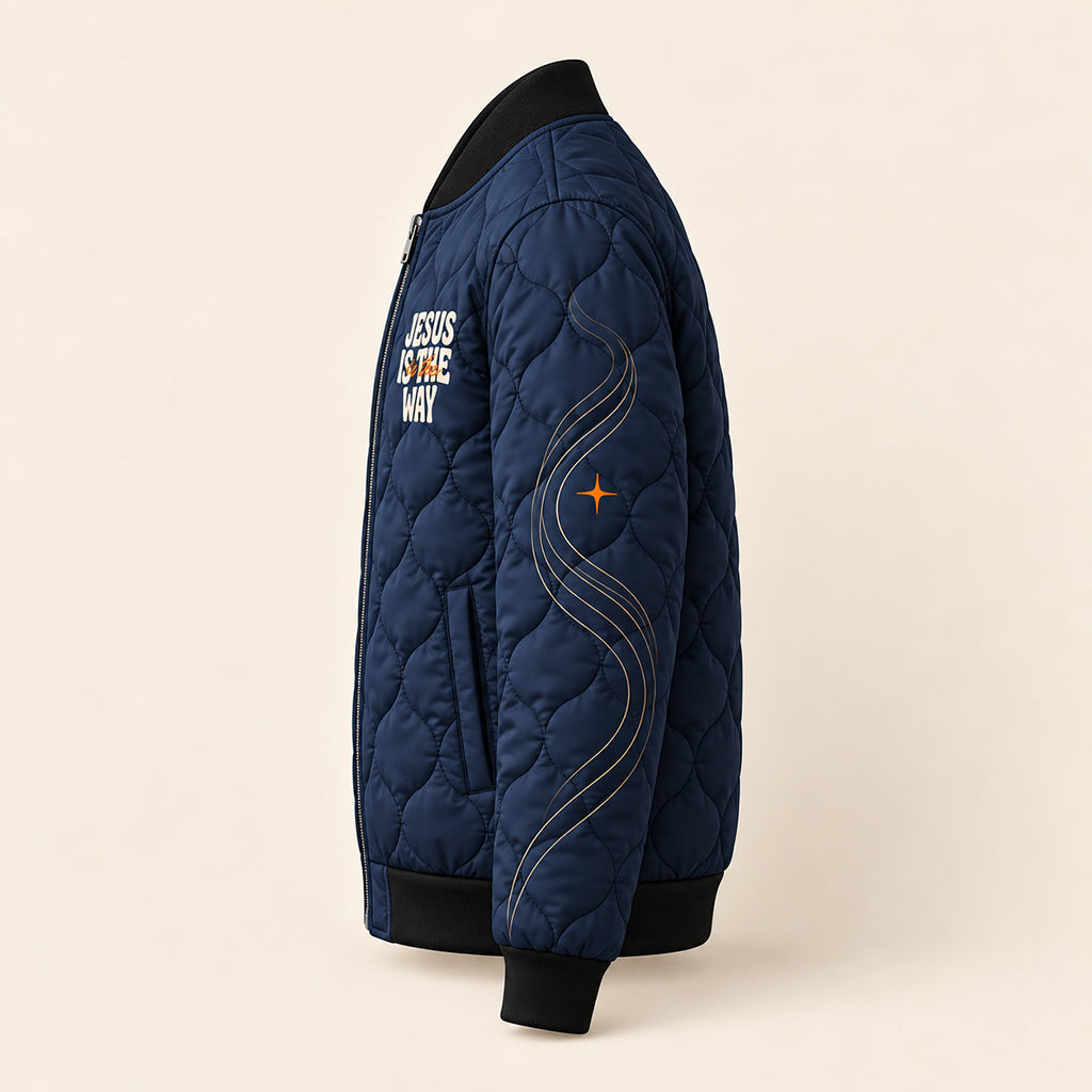 Jesus Is The Way Navy Quilted Bomber Jacket