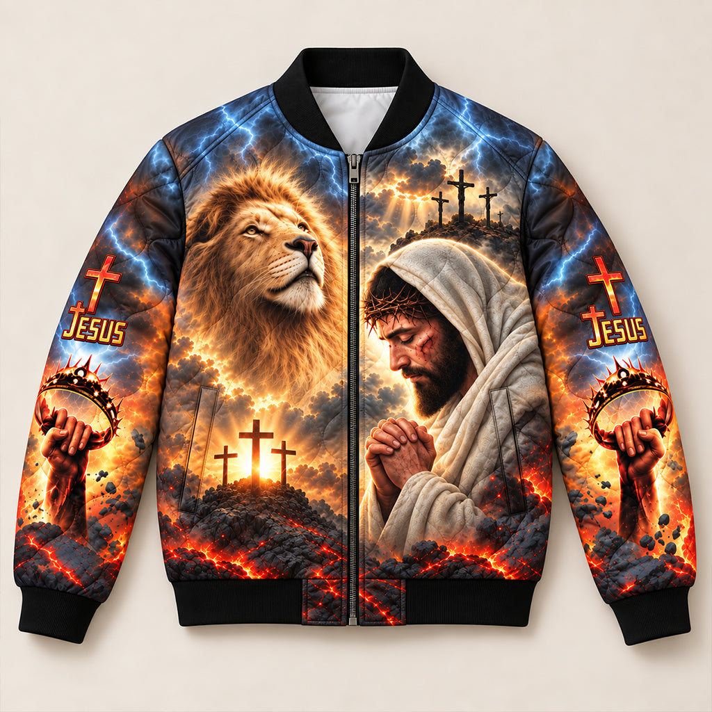 Jesus Lion of Judah Calvary Quilted Bomber Jacket – view 7