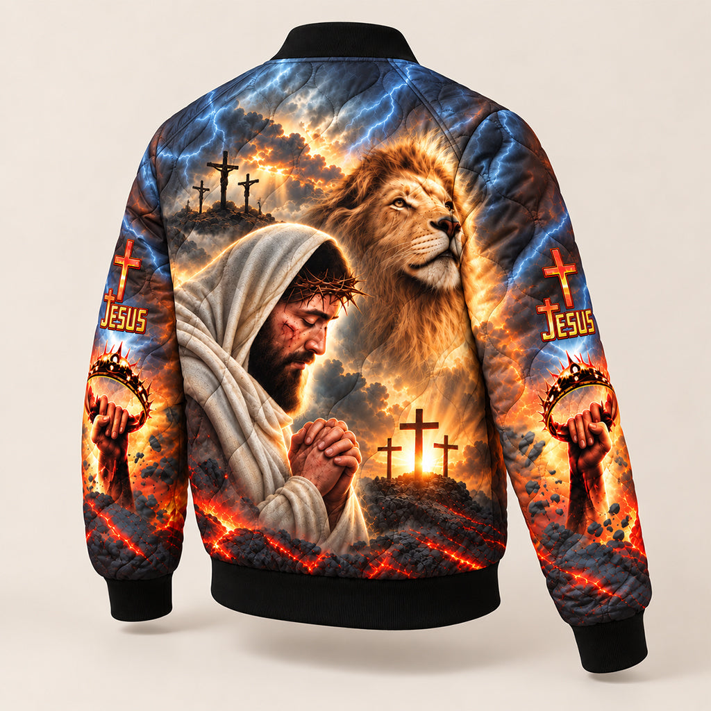 Jesus Lion of Judah Calvary Quilted Bomber Jacket