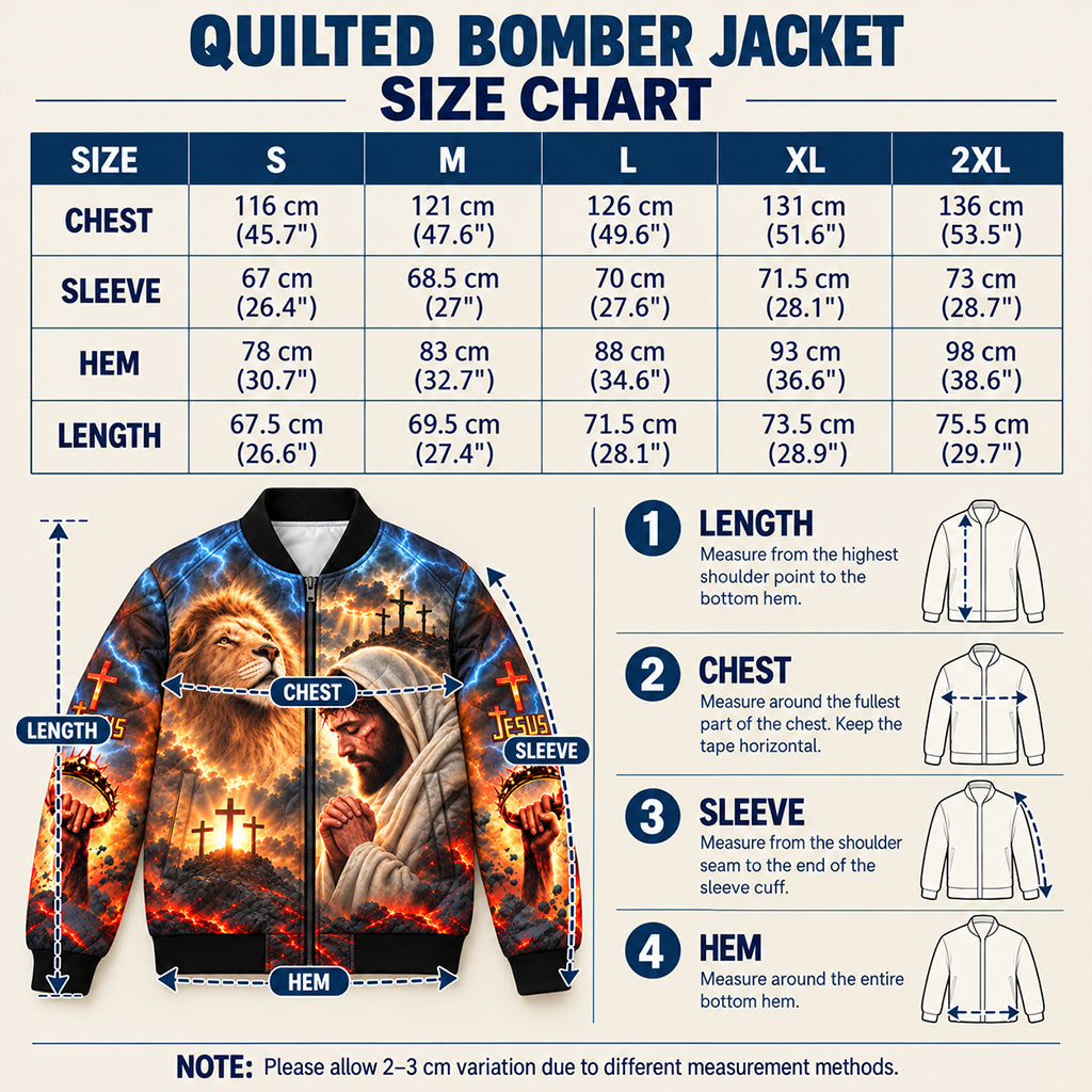 Jesus Lion of Judah Calvary Quilted Bomber Jacket