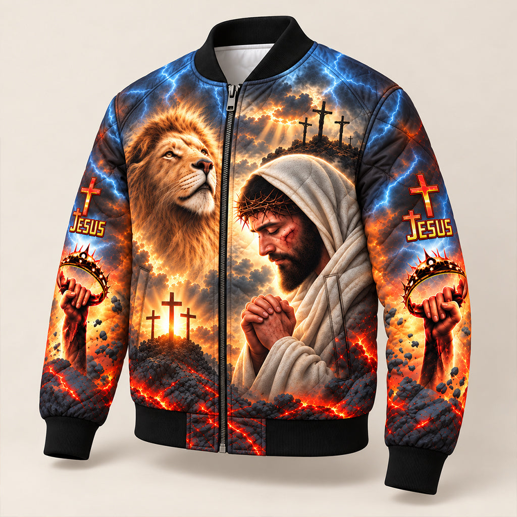 Jesus Lion of Judah Calvary Quilted Bomber Jacket – view 3