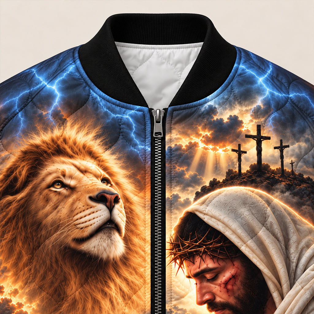Jesus Lion of Judah Calvary Quilted Bomber Jacket