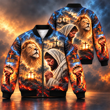 Jesus Lion of Judah Calvary Quilted Bomber Jacket