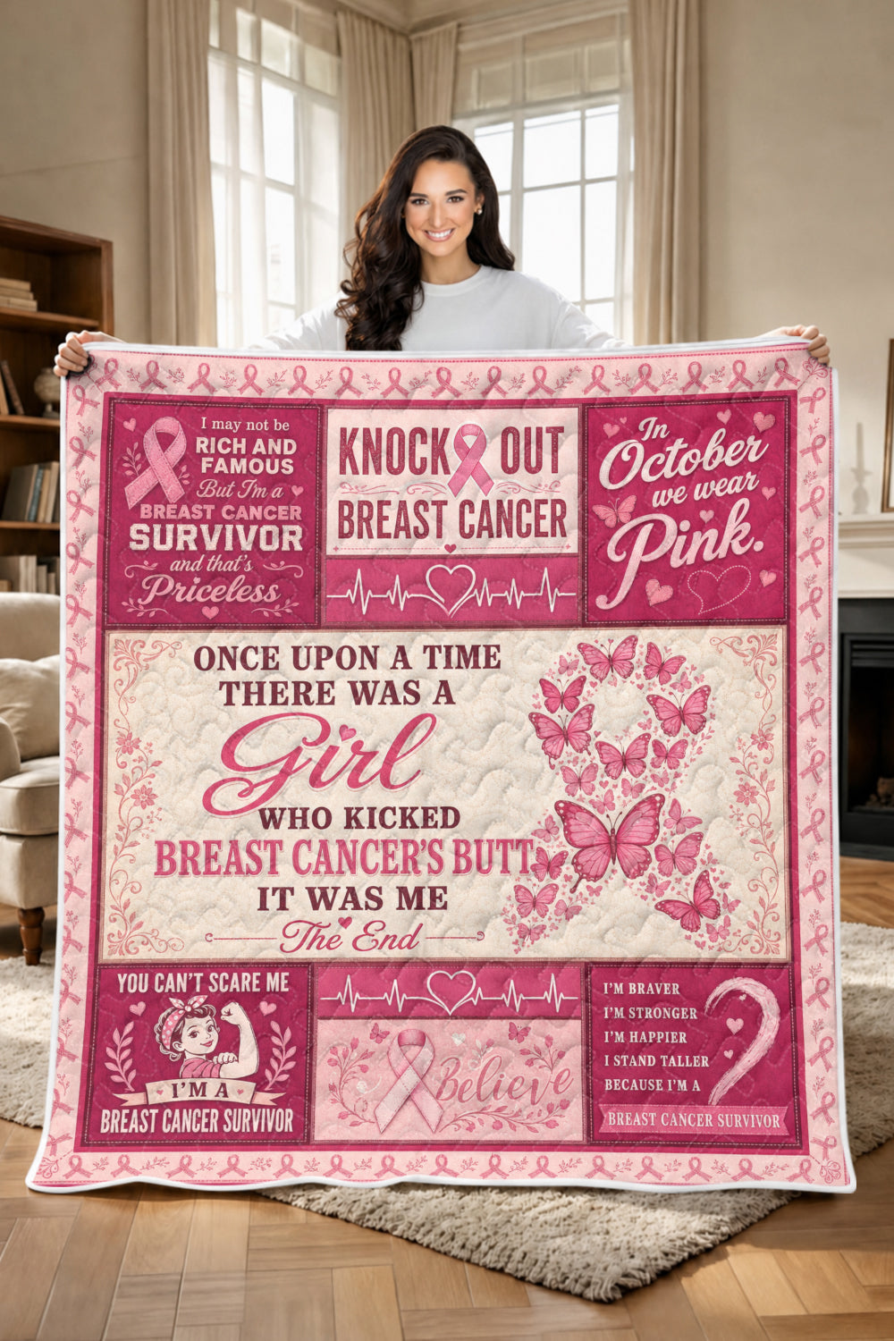 Kicked Breast Cancers Butt Rosie Riveter Quilt Blanket