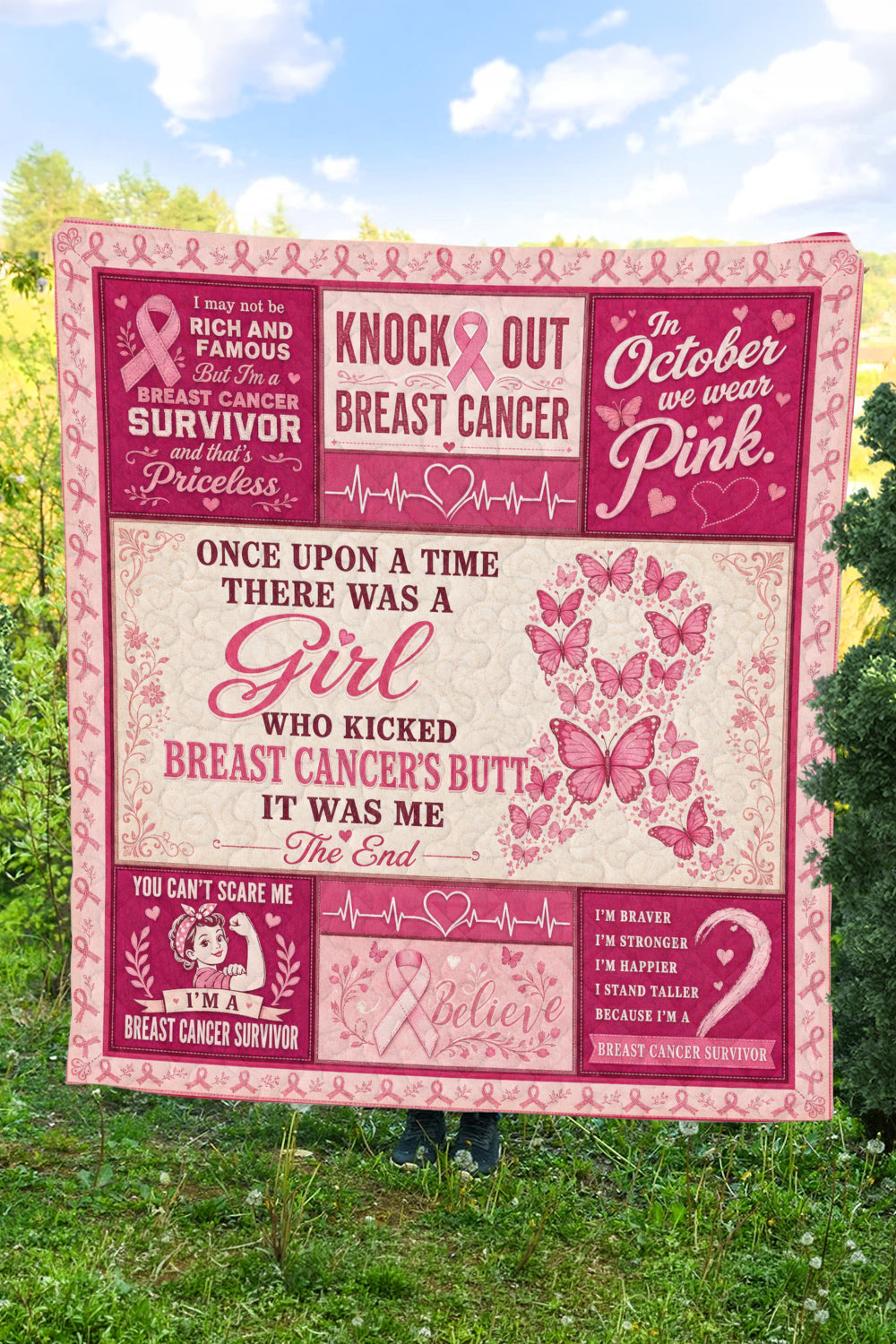 Kicked Breast Cancers Butt Rosie Riveter Quilt Blanket