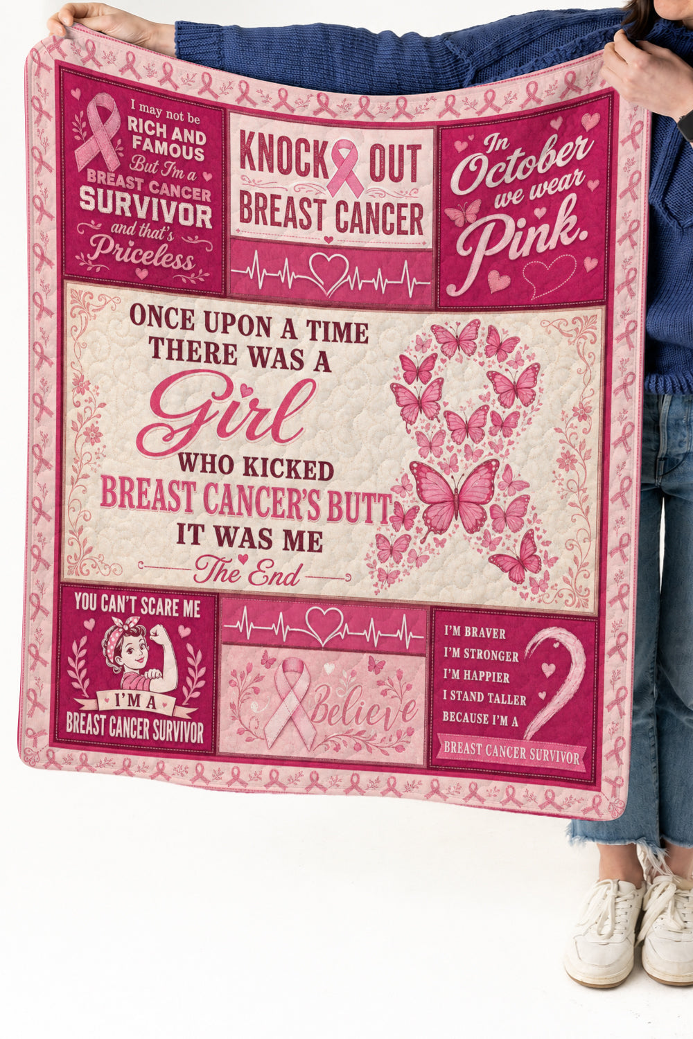 Kicked Breast Cancers Butt Rosie Riveter Quilt Blanket