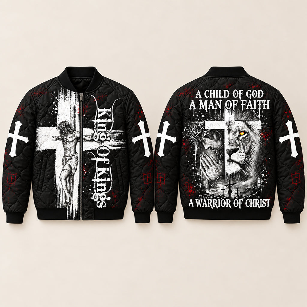 King Of Kings Warrior Of Christ Quilted Bomber Jacket