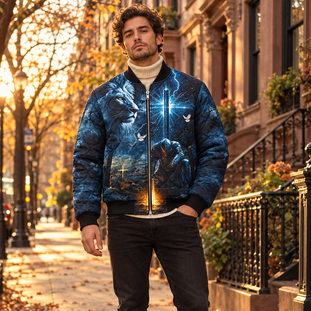Kneeling Knight Blue Lion Quilted Bomber Jacket