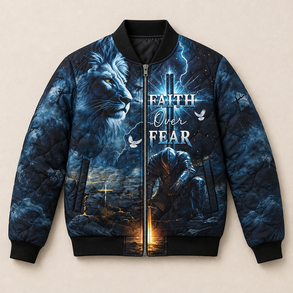 Kneeling Knight Blue Lion Quilted Bomber Jacket
