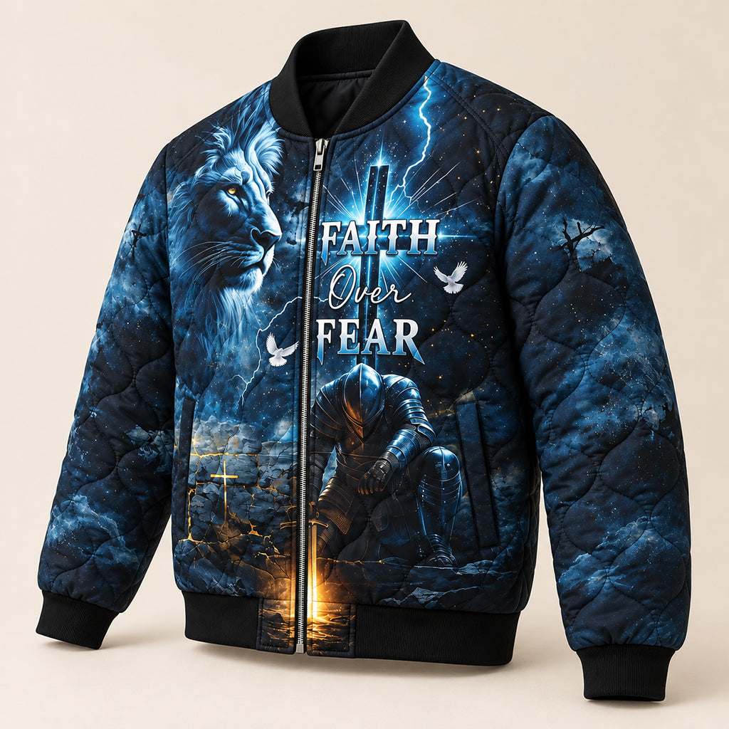 Kneeling Knight Blue Lion Quilted Bomber Jacket – view 3