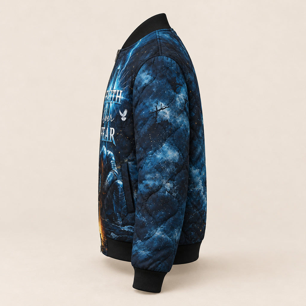 Kneeling Knight Blue Lion Quilted Bomber Jacket