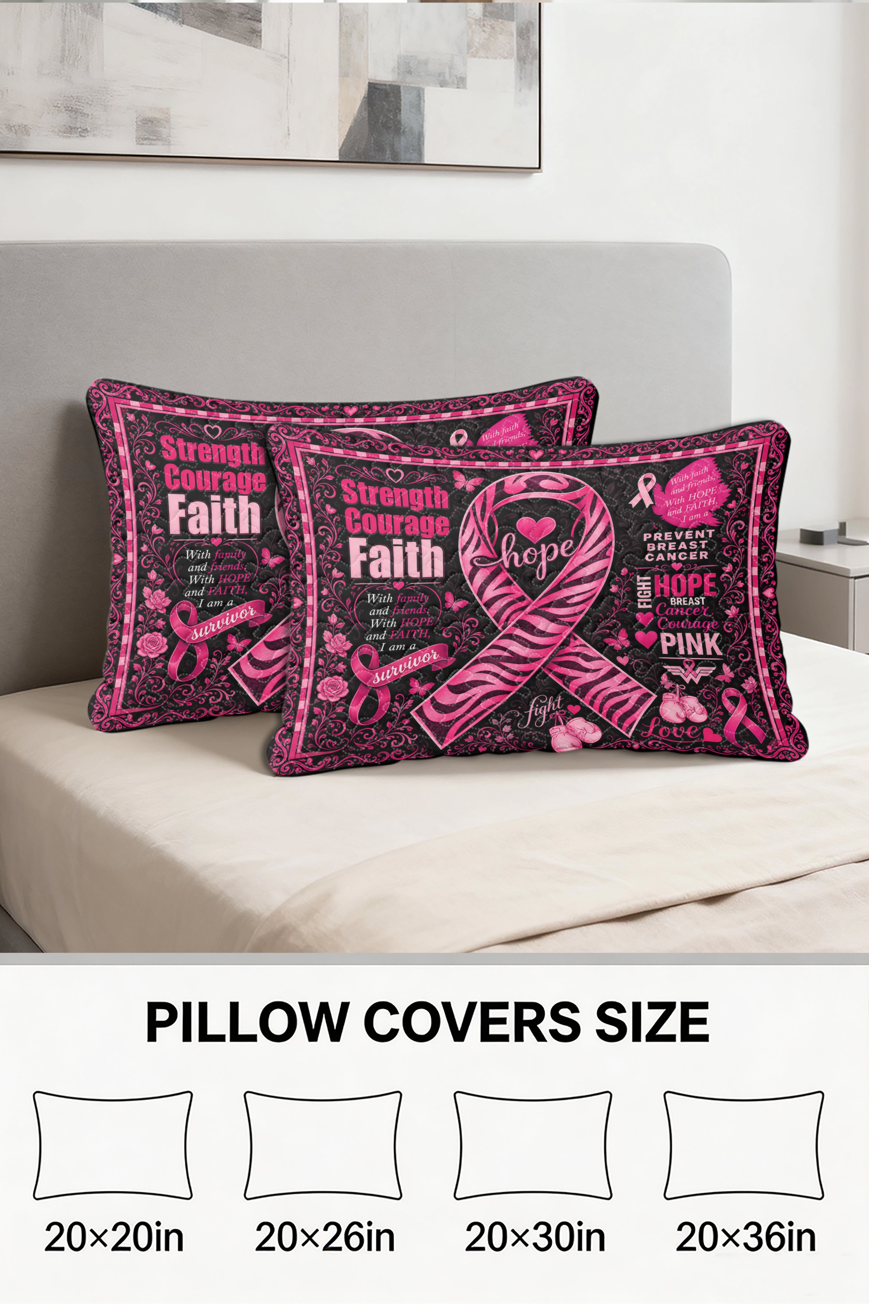 Zebra Ribbon Strength Courage Faith Quilt Pillows