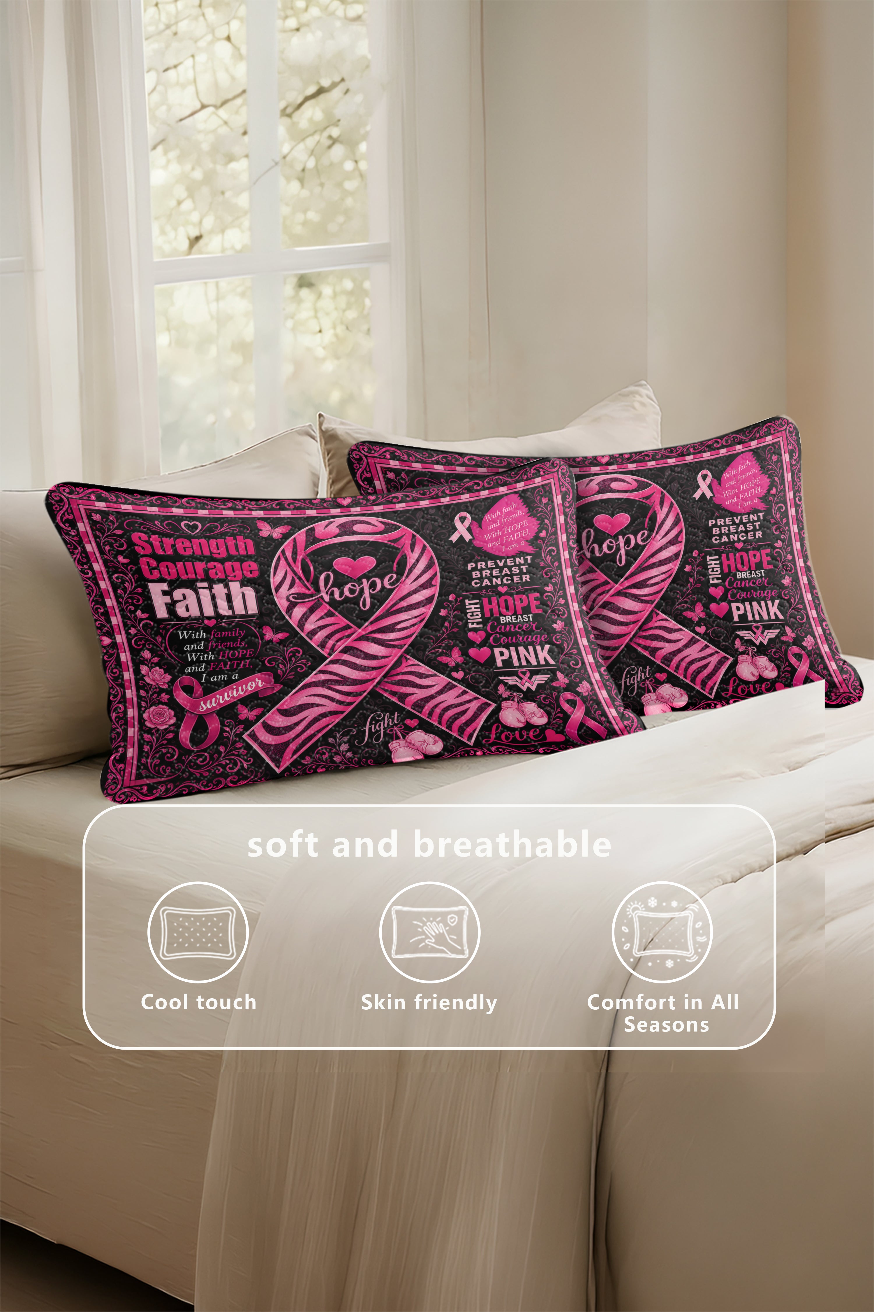 Zebra Ribbon Strength Courage Faith Quilt Pillows