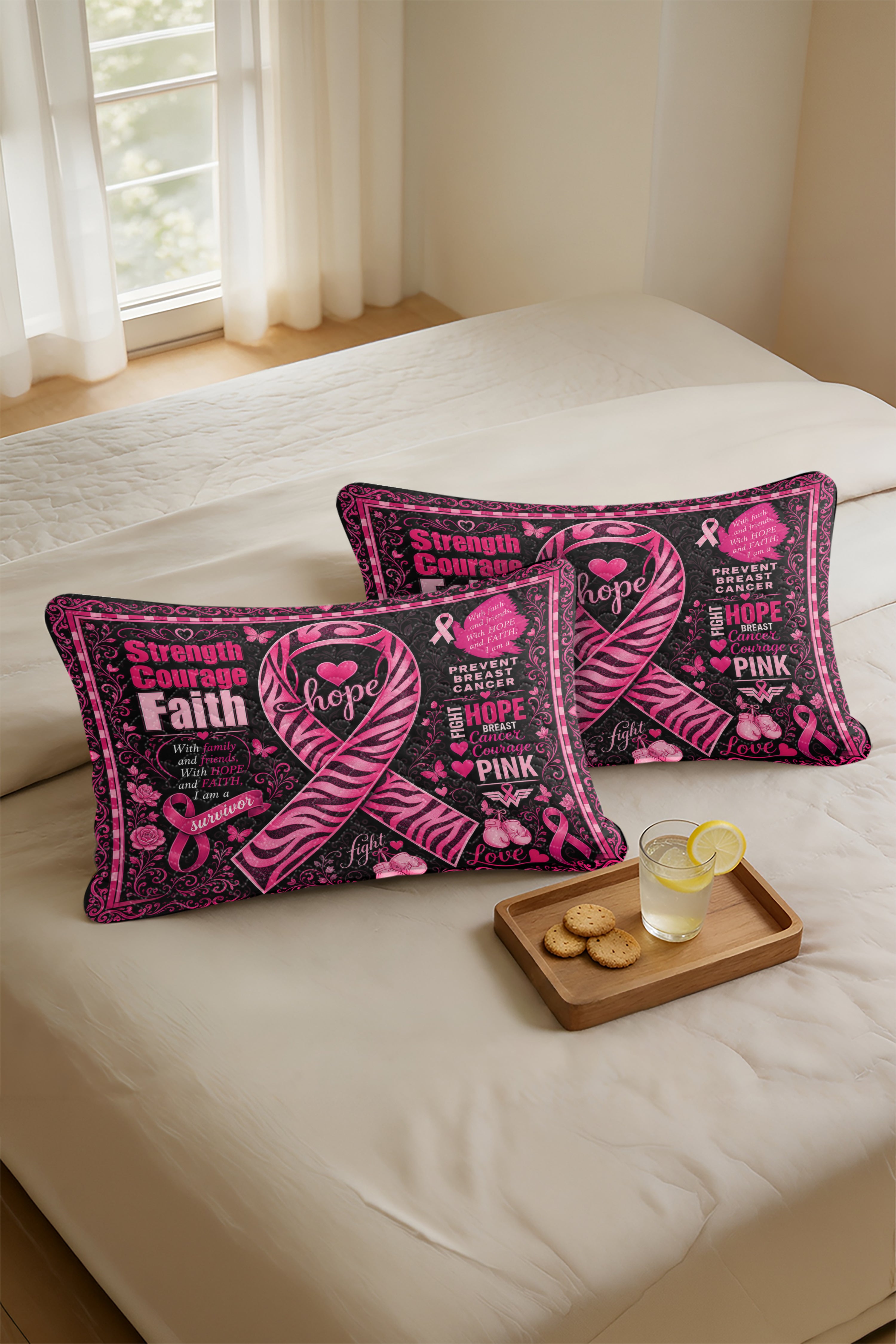 Zebra Ribbon Strength Courage Faith Quilt Pillows