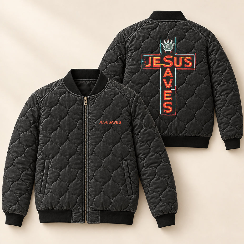 Neon Jesus Saves Cross Quilted Bomber Jacket