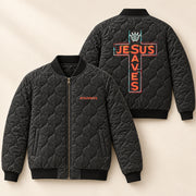 Neon Jesus Saves Cross Quilted Bomber Jacket