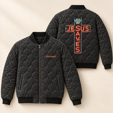 Neon Jesus Saves Cross Quilted Bomber Jacket