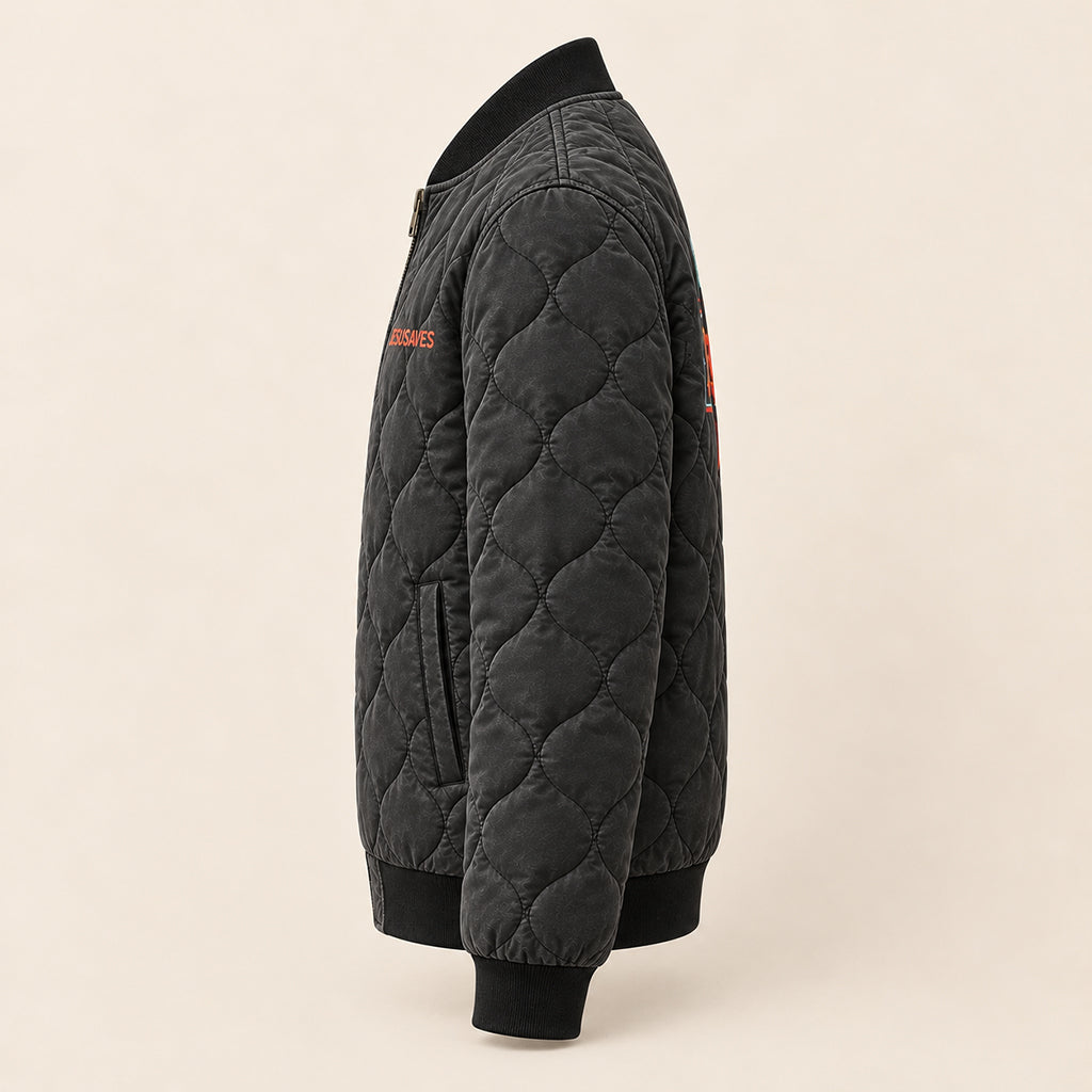 Neon Jesus Saves Cross Quilted Bomber Jacket