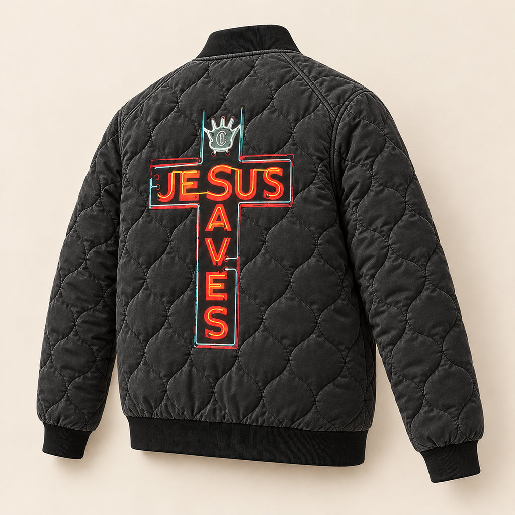 Neon Jesus Saves Cross Quilted Bomber Jacket