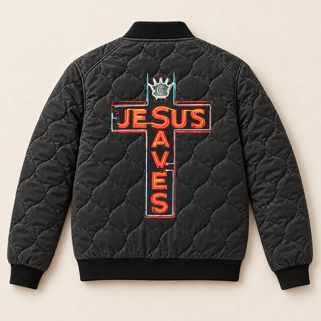 Neon Jesus Saves Cross Quilted Bomber Jacket