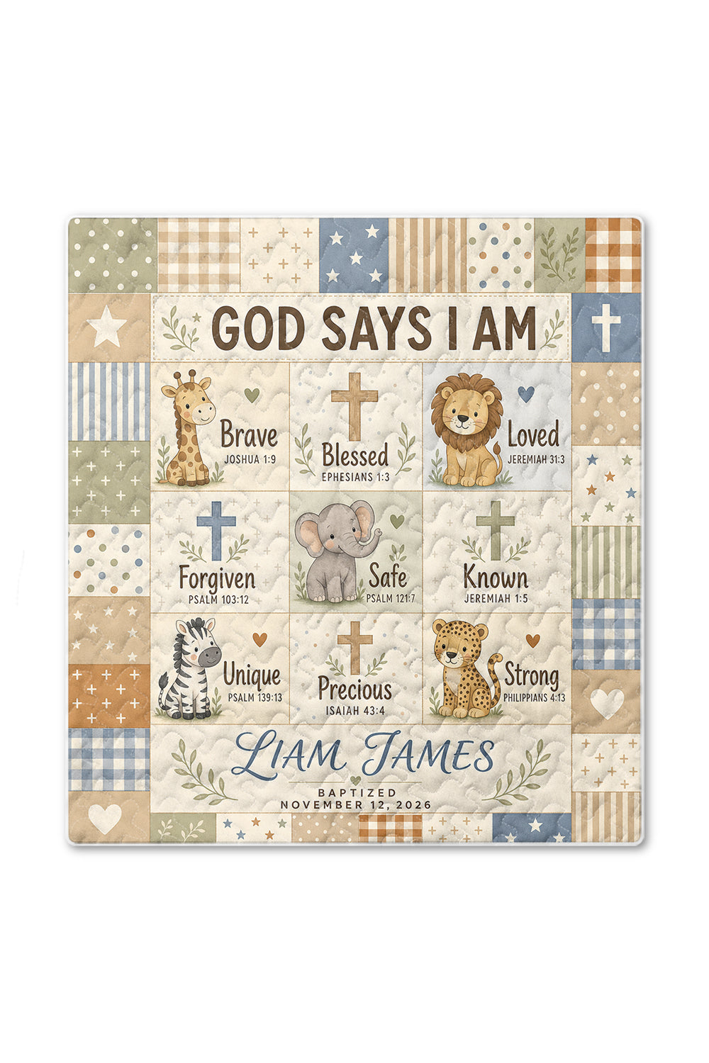 Personalized Baptism Safari Animals Quilt Blanket