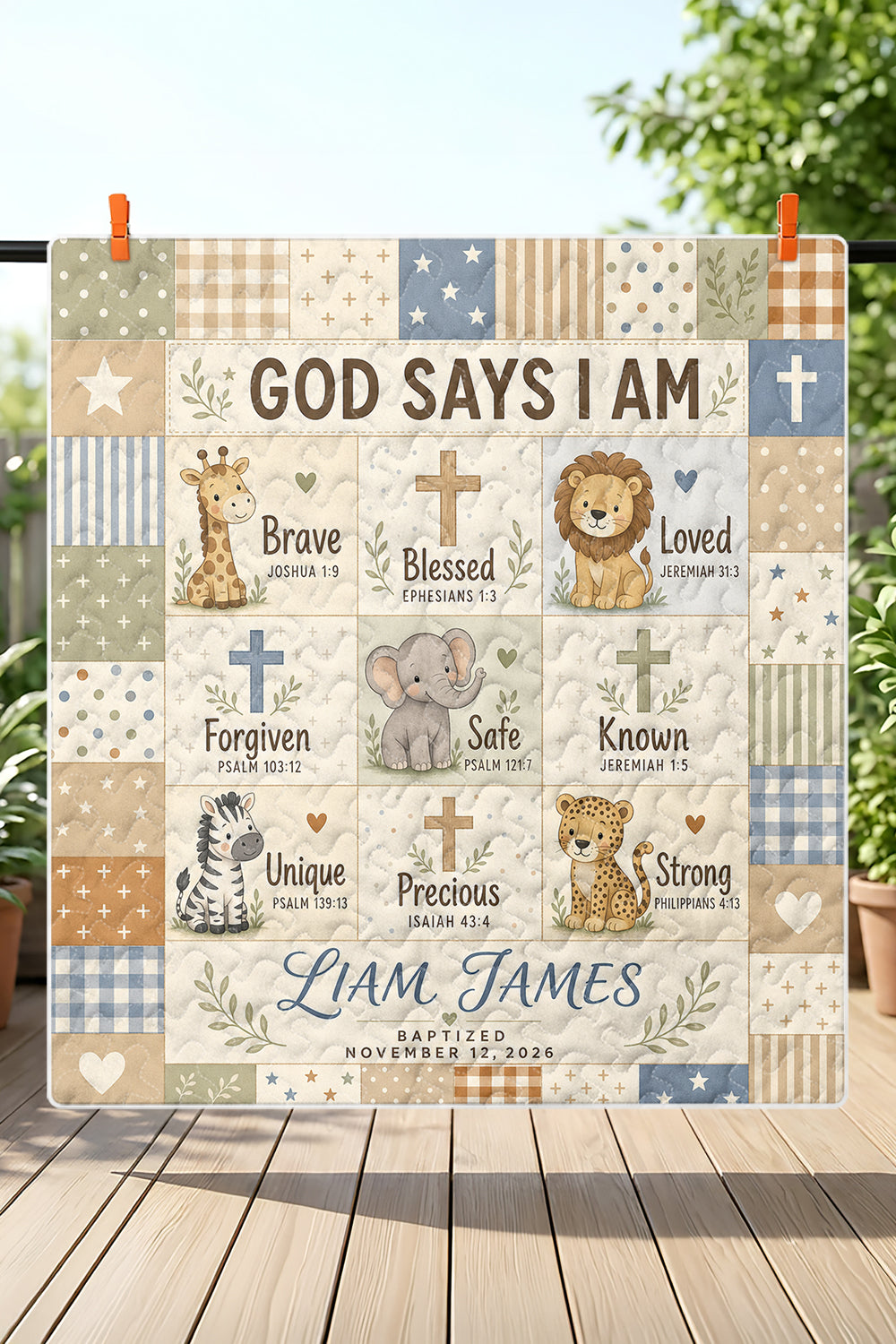 Personalized Baptism Safari Animals Quilt Blanket
