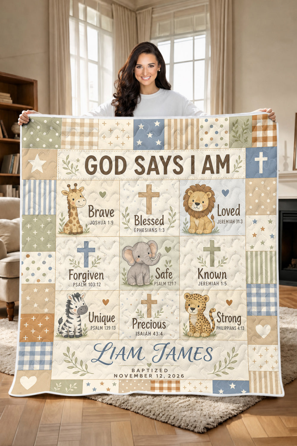 Personalized Baptism Safari Animals Quilt Blanket