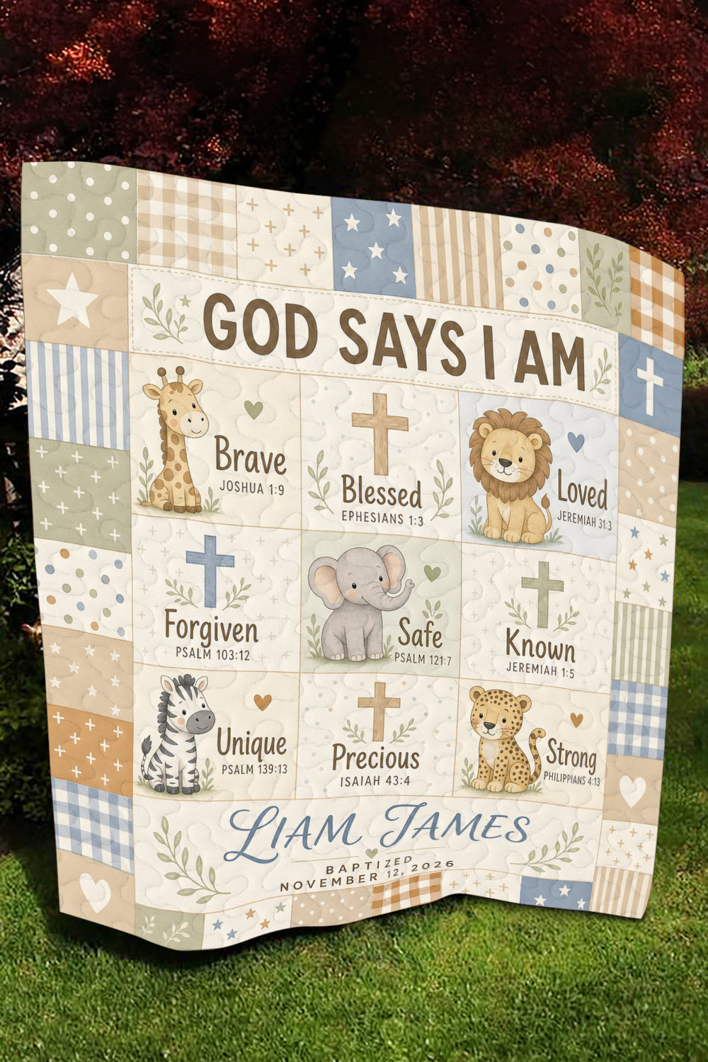 Personalized Baptism Safari Animals Quilt Blanket