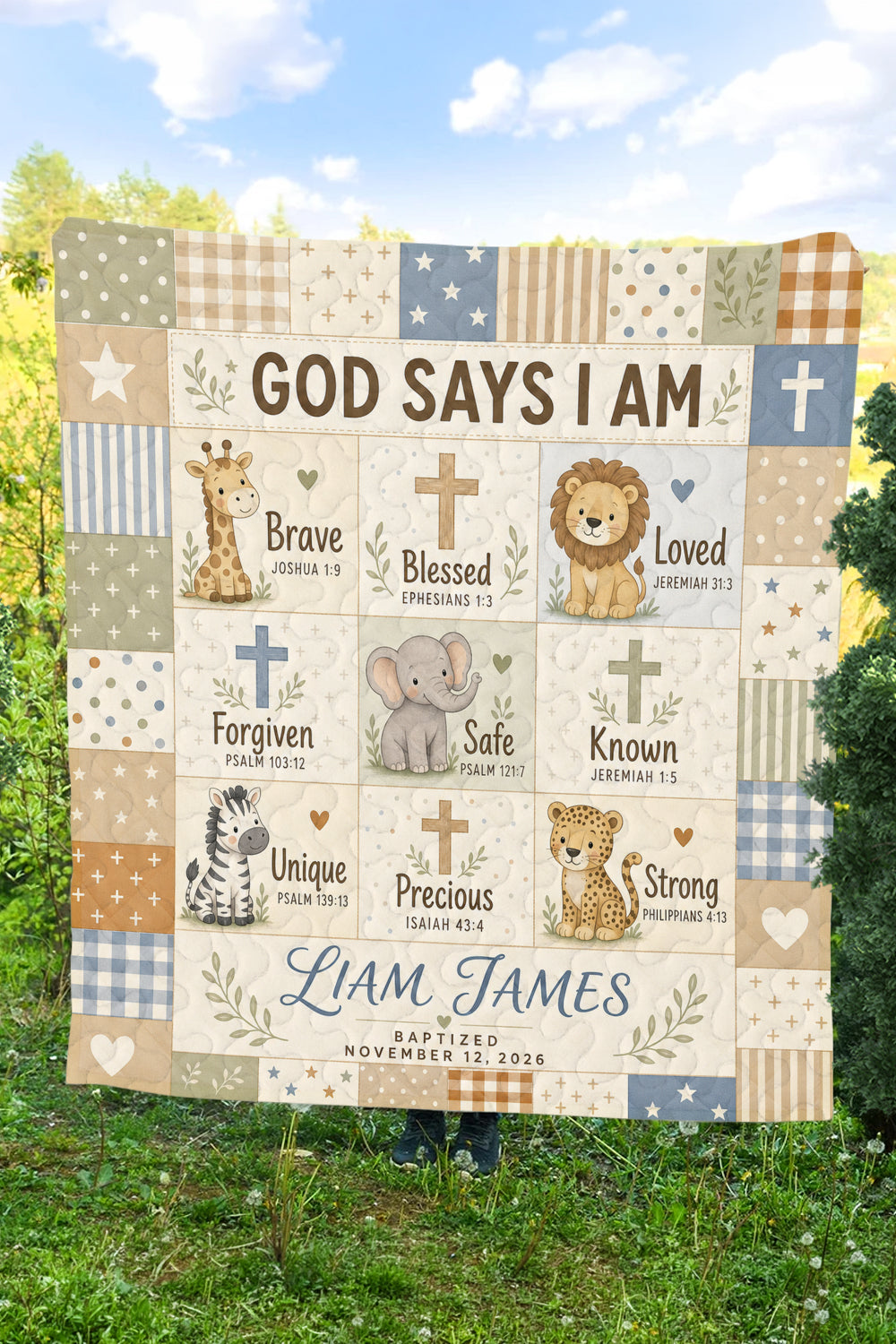Personalized Baptism Safari Animals Quilt Blanket
